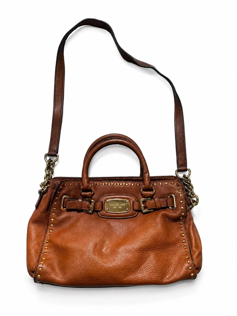 Michael Kors Brown Leather Studded Satchel Crossbody Shoulder Bag